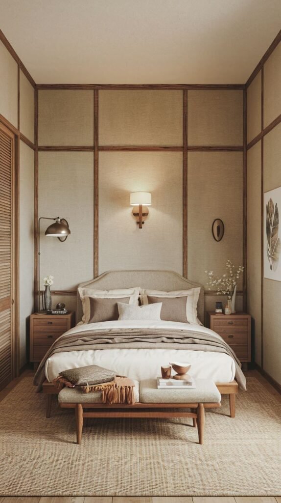 Japandi Small Bedroom with symmetrical layout defined by light fabric wall panels segmented by thin wood trim, surrounding a neutral upholstered headboard and low wood nightstands.