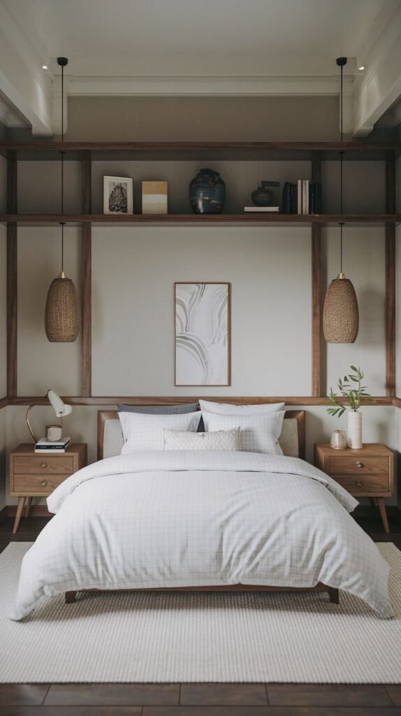 Japandi Small Bedroom with a low bed and symmetrical design, featuring a horizontal wooden structural frame above the bed and two identical woven basket pendant lights.