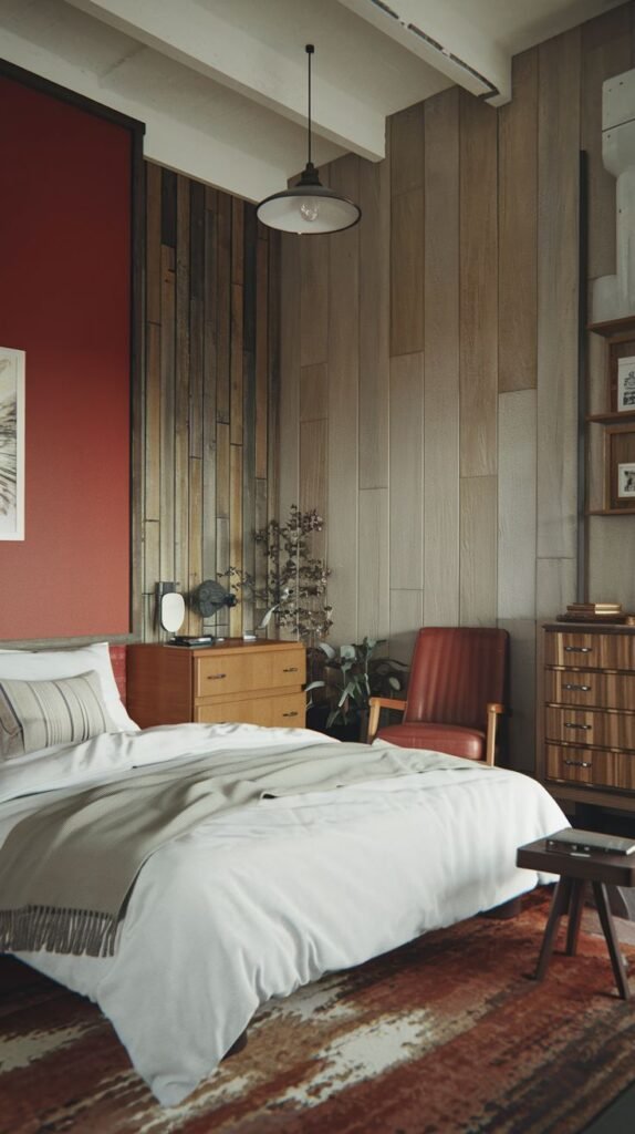 Japandi Small Bedroom with an earthy, rustic ambiance, featuring a bold red accent wall contrasted against vertical weathered wood paneling and dark wood Mid-Century Modern dressers.
