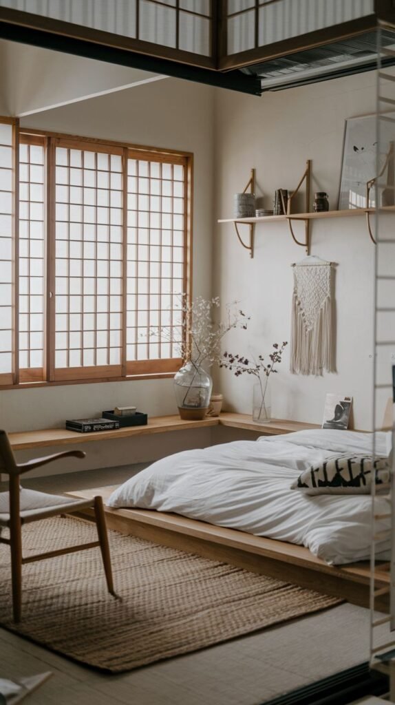 Japandi Small Bedroom emphasizing light, featuring a low wood platform bed, small floating shelves, and full-height shoji screens covering the large window.