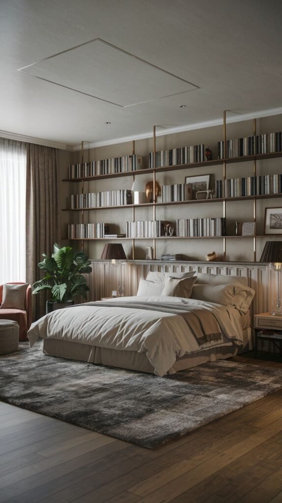 Japandi Small Bedroom featuring an expansive, floor-to-ceiling dark wood library/bookshelf system spanning the headboard wall, accented by subtle wood slat paneling below the shelf.