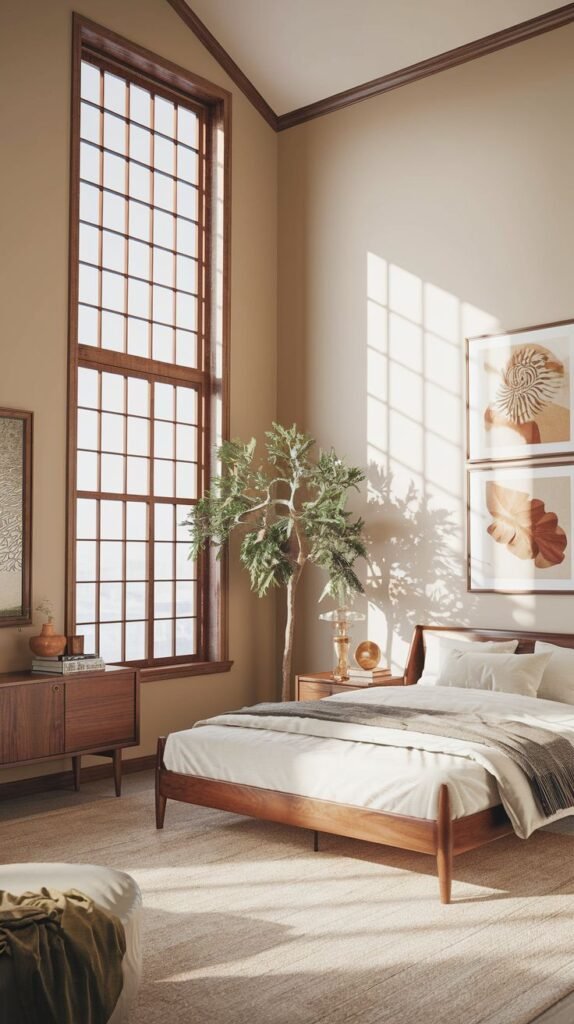 Japandi Small Bedroom designed for vertical scale, featuring an extraordinarily tall window with a wood grid pattern and minimalist, low-profile dark wood furnishings.