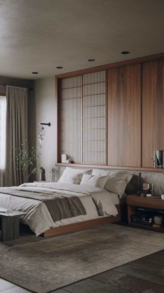 Japandi Small Bedroom emphasizing tranquility with a low wooden bed platform, grey textiles, and a wall featuring dark wood paneling and traditional Shoji-style screens.