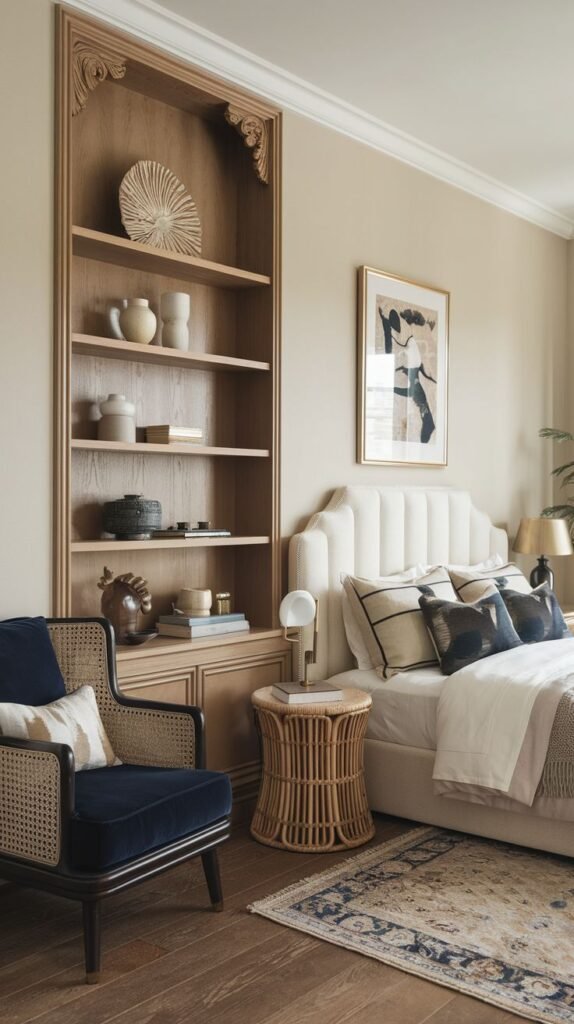Japandi Small Bedroom featuring a creamy channel-tufted headboard, a woven rattan side table, a dark navy armchair, and a built-in wooden shelving unit with a decorative arch.