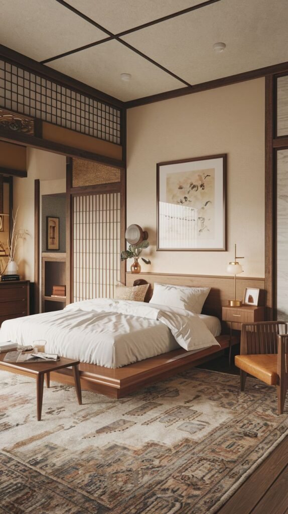 Japandi Small Bedroom showcasing exposed dark timber ceiling beams and traditional architecture, with a low wooden bed platform centered on a large, patterned earthy-toned rug.