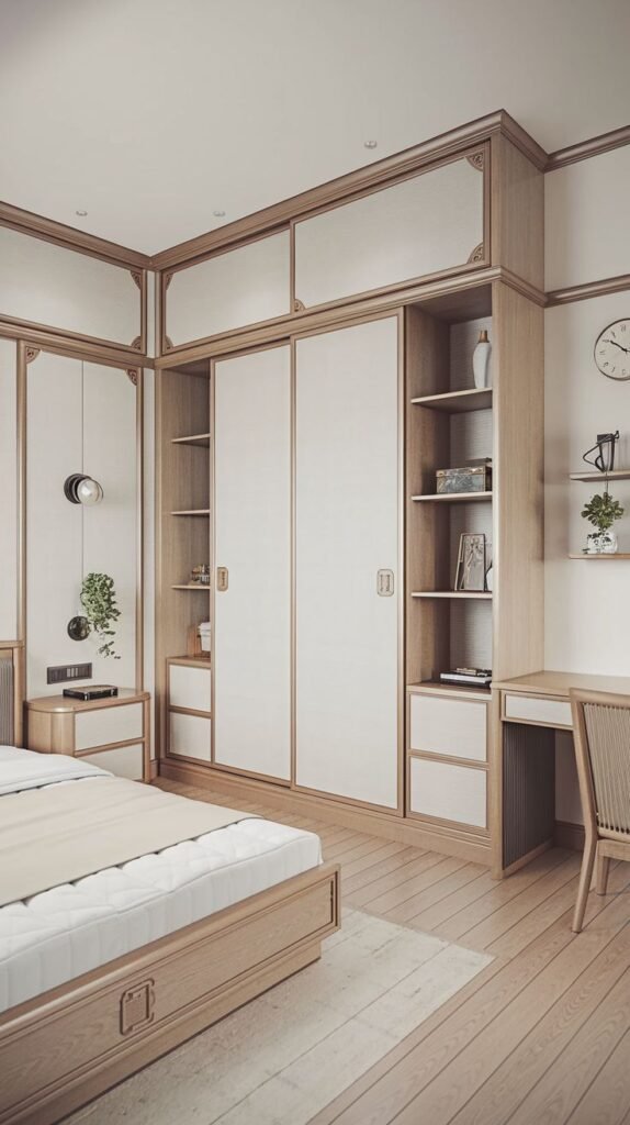 Japandi Small Bedroom with light wood built-in custom cabinetry, integrating open shelving, white panels, and an integrated compact wooden desk area.
