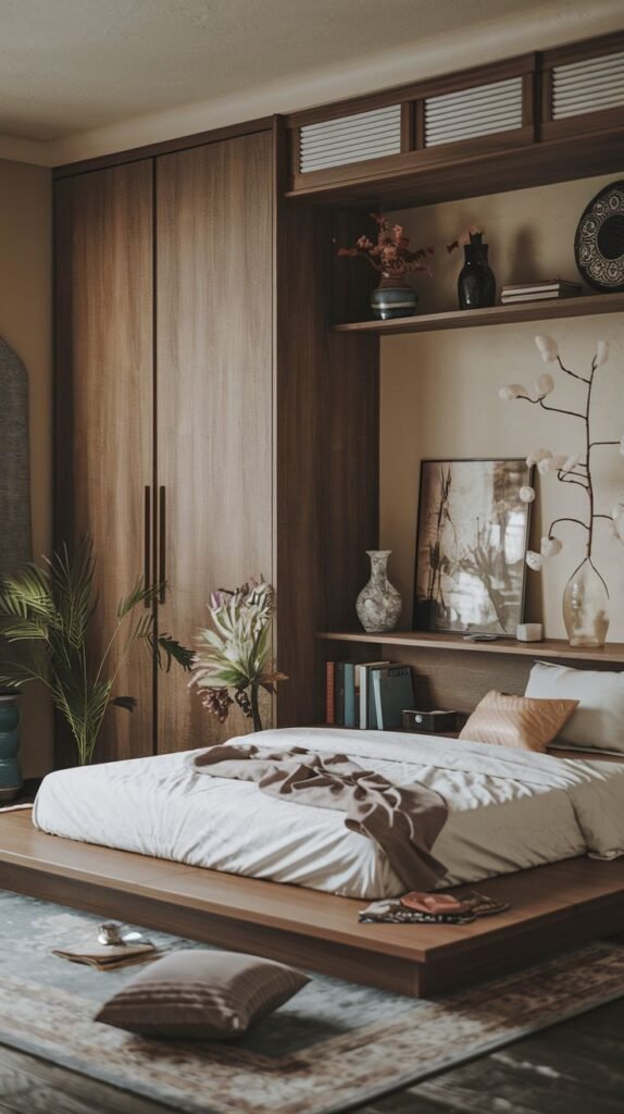 Japandi Small Bedroom using rich, dark wood tones for the low-slung platform bed and a corresponding floor-to-ceiling wardrobe unit integrated with overhead shelving.