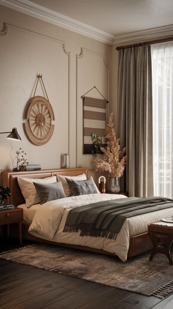 Japandi Small Bedroom blending classic moldings with natural textures, featuring a low bed, dark curtains, and a prominent circular woven rattan wall art piece.