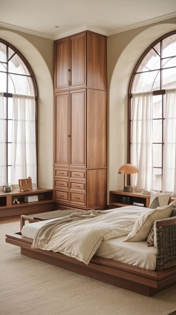 Japandi Small Bedroom defined by two tall, arch-topped windows framed in dark wood, centering a tall vertical wardrobe unit and a low wooden bed.