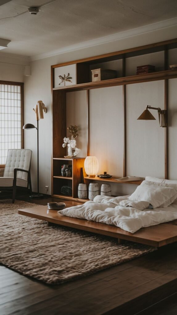 Japandi Small Bedroom featuring the ultimate low-profile floor bed on a wood platform and a full-width integrated headboard structure utilizing open shelving and light panels.