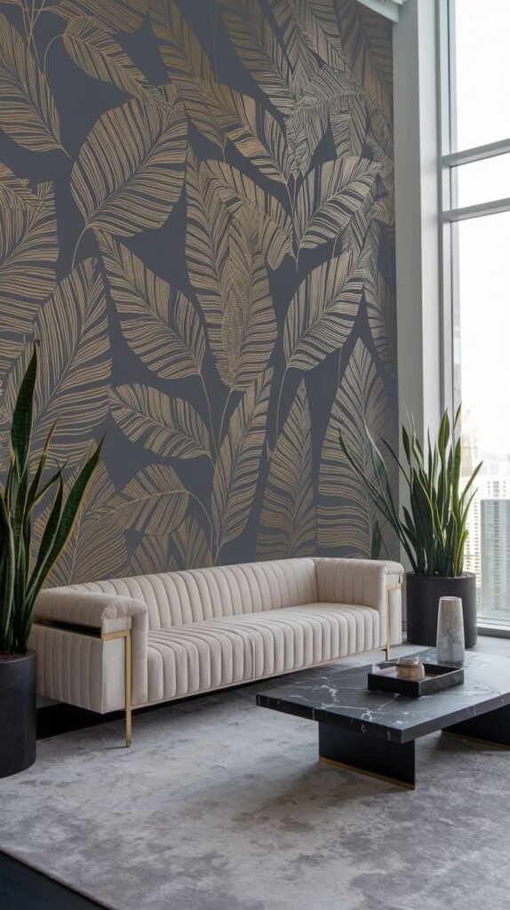 Modern living space featuring a dark gray accent wall covered in large, metallic gold tropical leaf print wallpaper. A long, channel-tufted beige sofa sits against the wall.