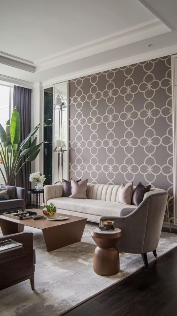 Living room accent wall covered in wallpaper featuring an interlocking pattern of white geometric circles/stars on a gray or taupe background.
