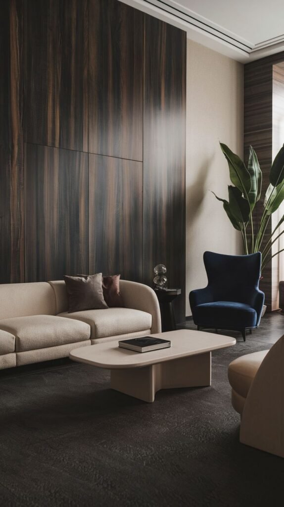 Feature wall created from large, seamless vertical panels of dark, highly-grained exotic wood veneer. A light, curved sofa sits in front of the dramatic wood grain.