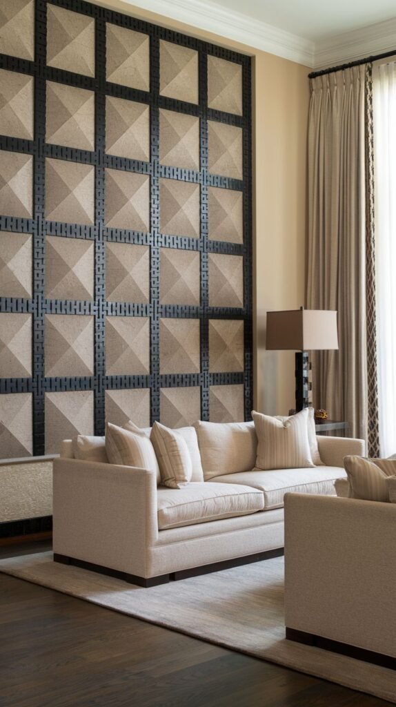 Accent wall composed of a 4x4 grid of light tan, pyramid-shaped 3D acoustic panels framed by a bold, dark, perforated metal grid.