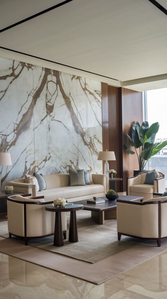 Luxury living space dominated by a massive, polished white marble slab accent wall featuring intense, dramatic veining in brown and gold tones.