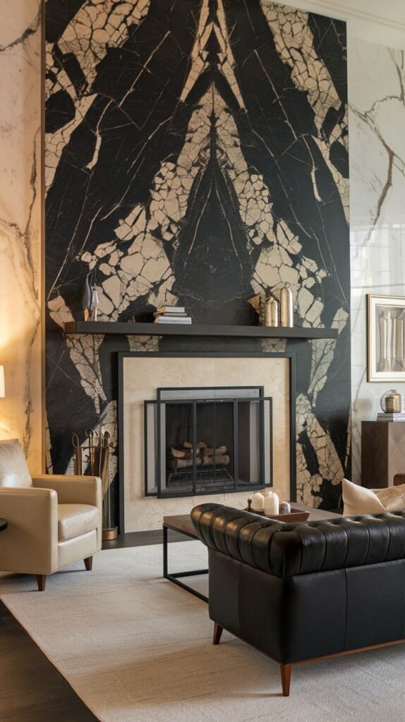 Tall fireplace wall clad in book-matched black and white marble with striking, symmetrical veining creating an inverted V-shape pattern.