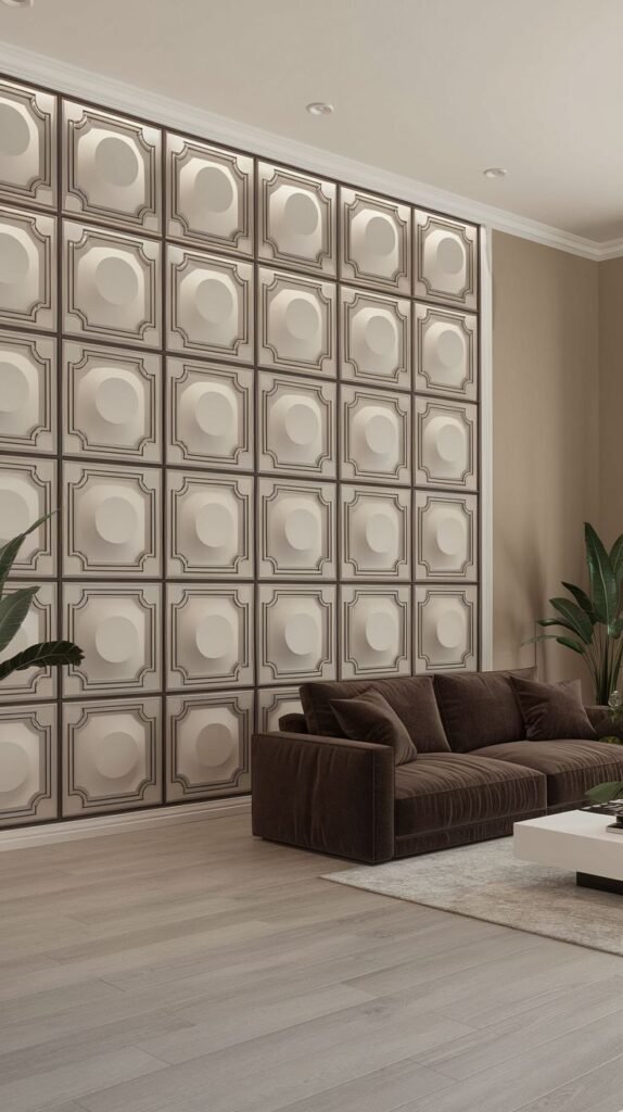 3D accent wall composed of square panels, each containing a raised, layered circular motif in an off-white color, framed by a dark, thin grid. A deep brown velvet sofa sits below.