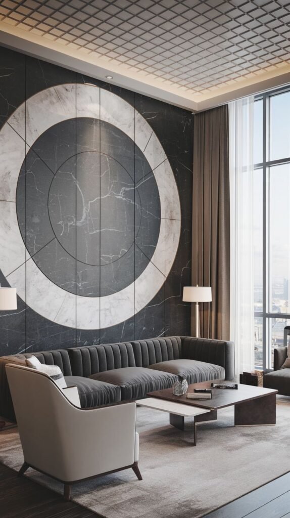 Dramatic black marble accent wall featuring a colossal central circle design composed of gray and white marble slabs, creating a modern, abstract art piece.