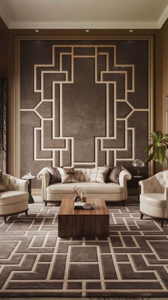 Accent wall with a large, centralized geometric pattern constructed from thin, light molding, set against a matte brown background. The pattern echoes the design of the area rug below.