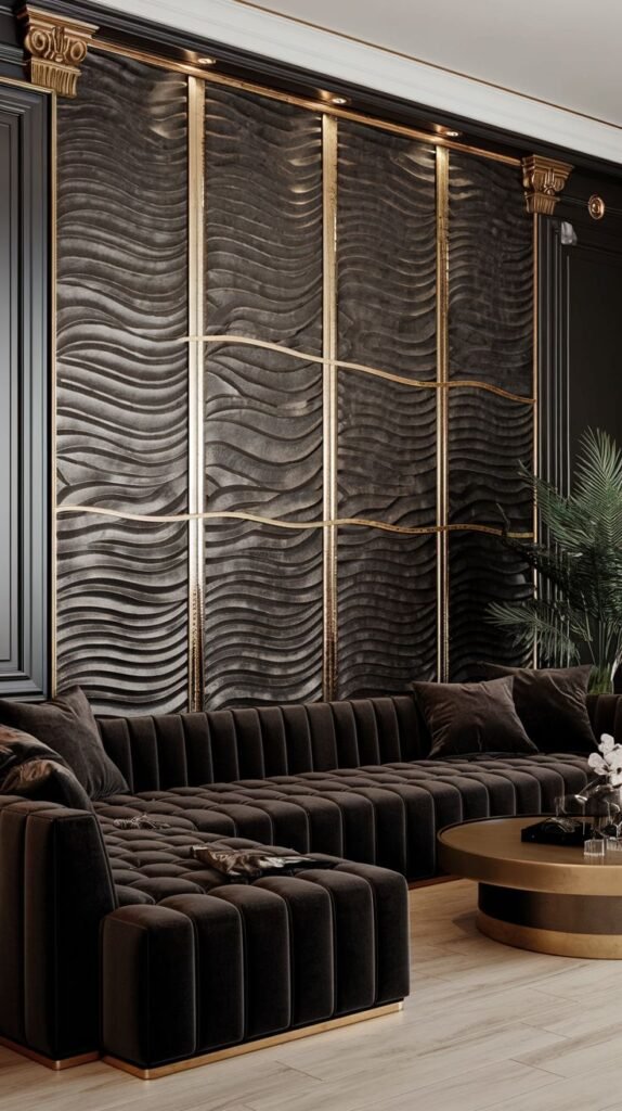 Opulent living room featuring an accent wall of deep brown or black 3D wave-textured panels, highlighted by vertical and horizontal brass framing and classical molding.