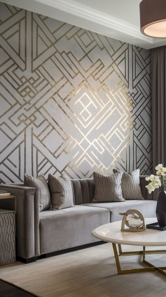 Art Deco inspired accent wall covered in intricate metallic gold geometric line patterns on a light gray background.