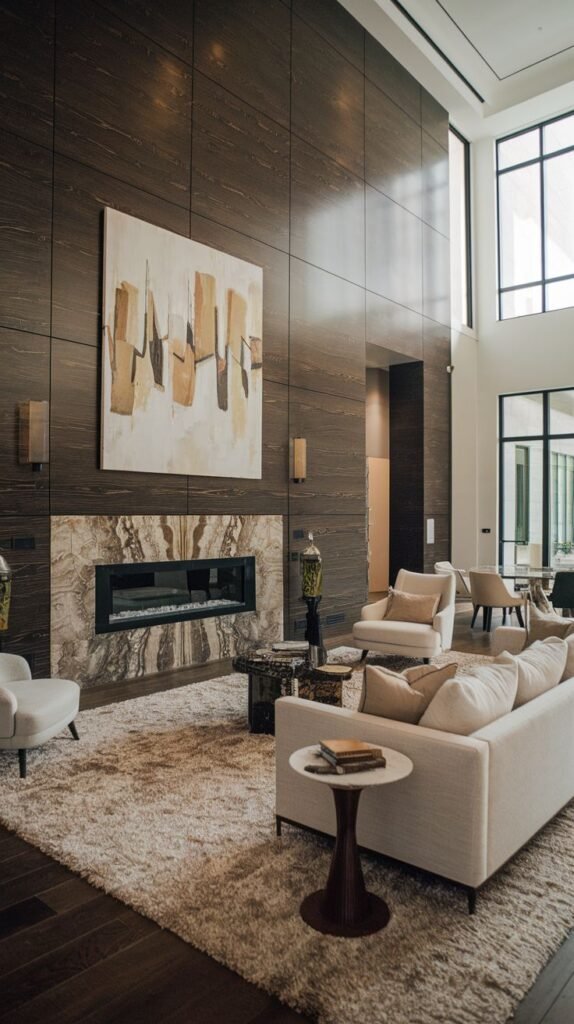 Double-height living room with a feature wall paneled in high-gloss dark brown wood veneer. A linear fireplace is set below a large abstract painting, surrounded by light-toned marble.