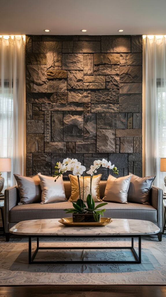 Rustic/modern accent wall constructed of textured, dark gray stacked stone or slate tiles in varying rectangular shapes. The stone is dramatically highlighted by recessed lighting.