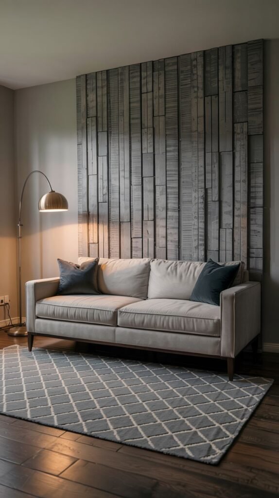 Accent wall installation made of vertical planks of gray, distressed, narrow wood panels of slightly varying depths.