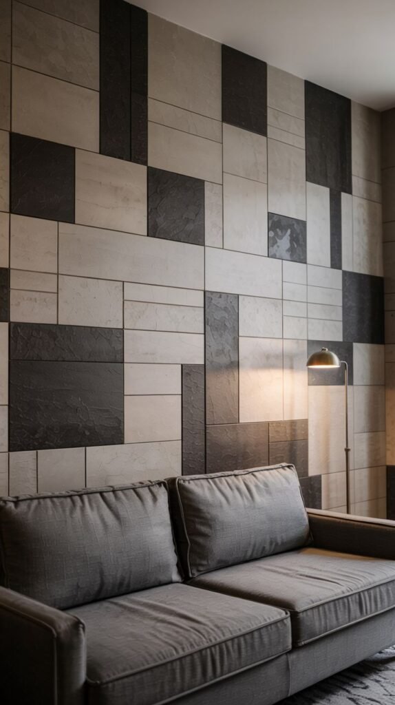 Modern accent wall featuring a random pattern of rectangular tiles in alternating light beige/cream and dark gray/black textured finishes.