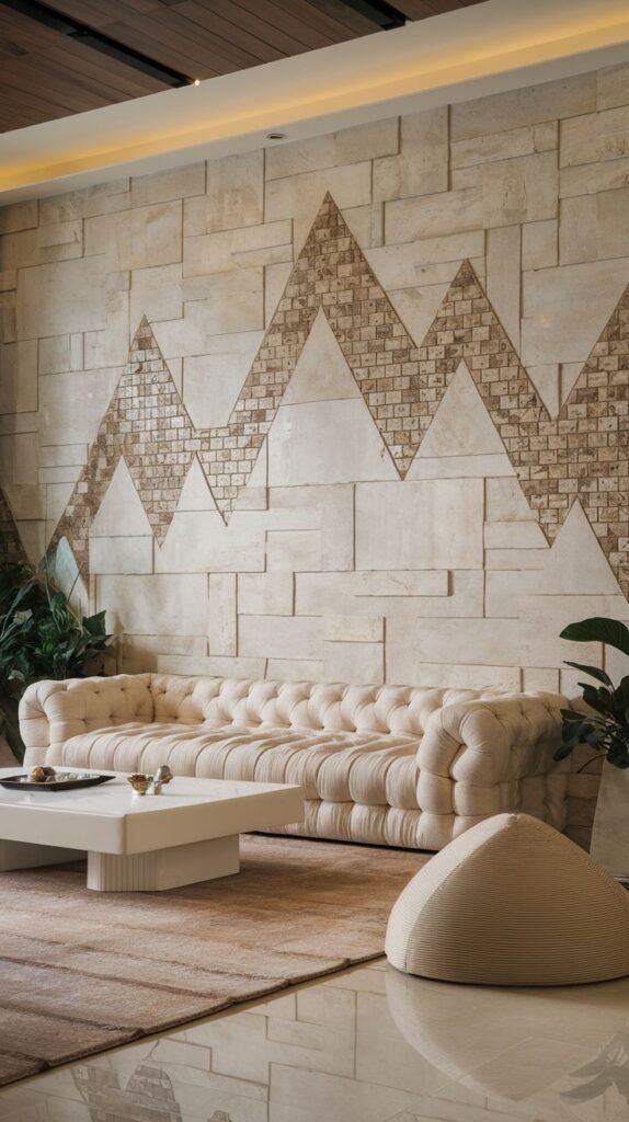 Accent wall composed of light-colored, rectangular stacked stone, highlighted by three inverted V-shapes (mountains) formed by smaller, brown brick mosaic tiles.