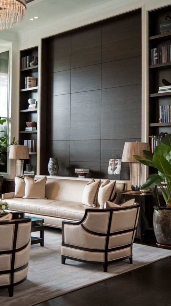 Traditional living room featuring a feature wall of dark, horizontal wood panels recessed between two tall, white-framed built-in bookshelves.