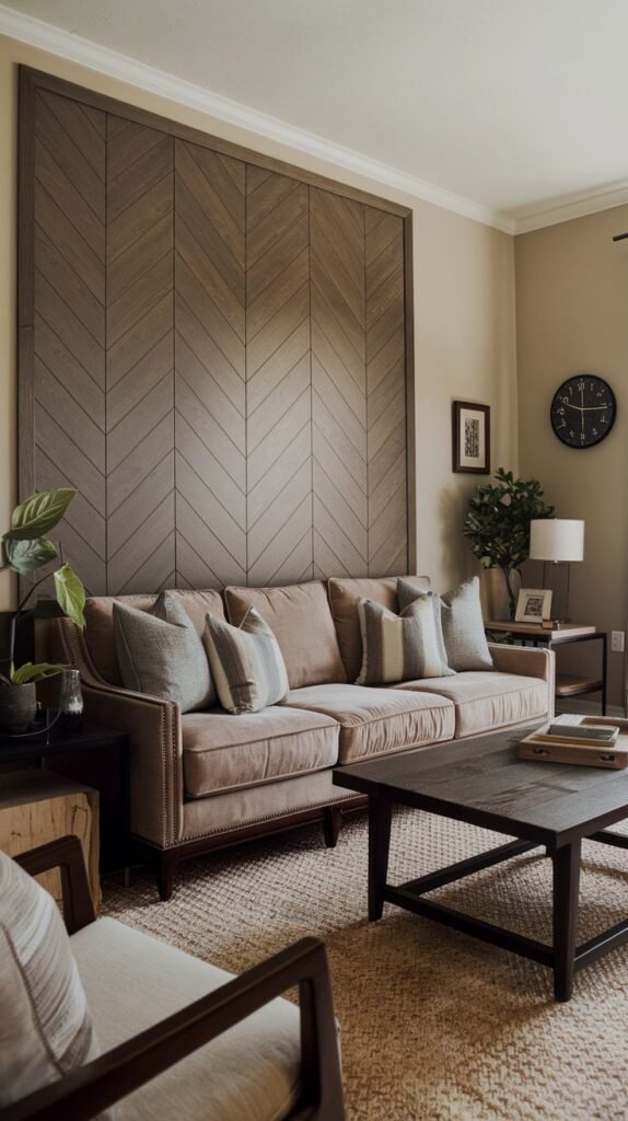 Accent wall featuring wood paneling laid out in a large, symmetrical chevron or herringbone pattern in a medium brown tone, framed by simple molding.
