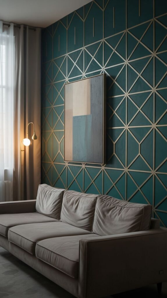 Deep teal accent wall with a structured, repeating geometric diamond and triangle pattern created using raised thin wood/metal strips. An abstract painting hangs centrally.