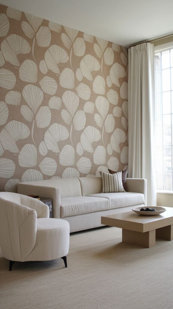 Accent wall covered in a nature-inspired wallpaper featuring large, stylized white ginkgo or fan-shaped leaves on a light tan background.
