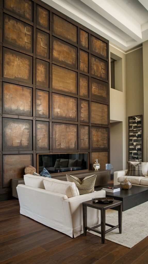 Tall, rustic accent wall composed of a dark wood grid framing distressed, textured square panels in earthy brown and bronze tones. A white slipcovered sofa faces the wall.