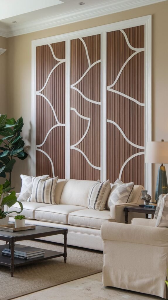 Accent wall comprised of three tall, rectangular panels featuring vertical wooden slats overlaid with sweeping white abstract, curved lines/molding.