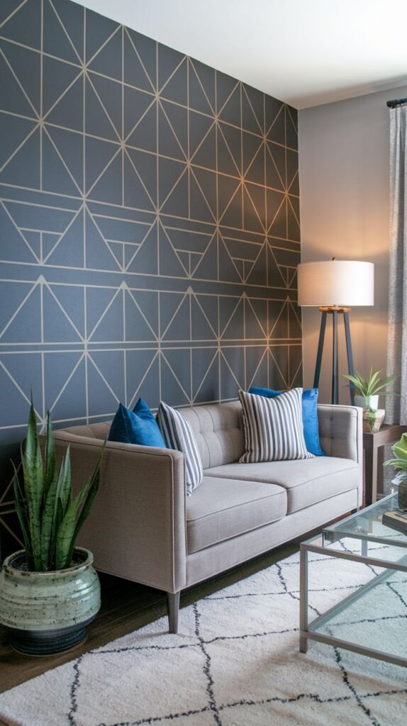 Dark blue-gray accent wall with an intricate geometric pattern of thin, intersecting beige lines creating triangles and diamonds.