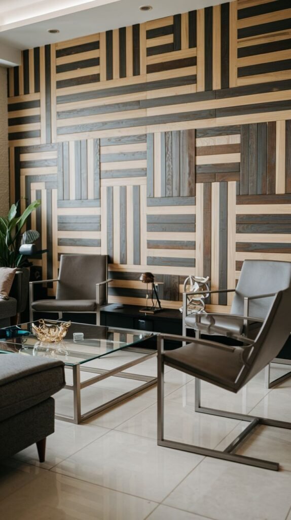 Living room wall decorated with an interlocking pattern of alternating light natural wood and dark stained wood planks. Two modern gray chairs sit in front of the accent wall.