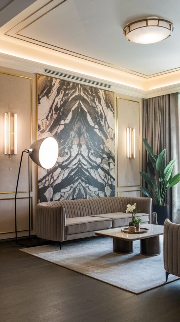 Luxurious living room accent wall featuring a large, symmetrical slab of black and white veined marble. The marble panel is framed by ornate gold molding and flanked by vertical sconces.