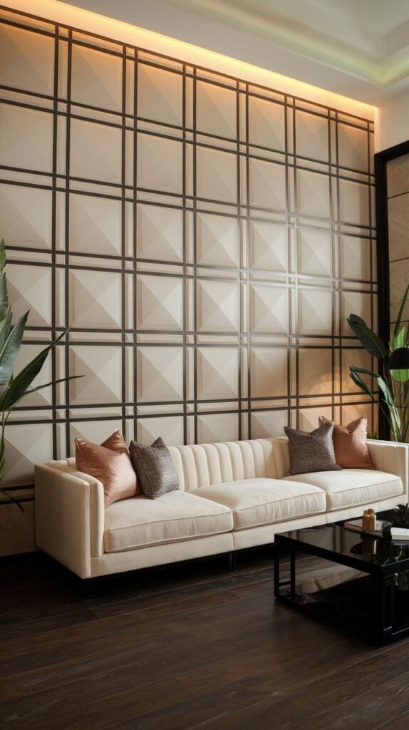 Accent wall made of textured, light-toned 3D pyramidal panels overlaid with a dark, thin grid structure. The wall is illuminated by warm ambient lighting from a ceiling cove.