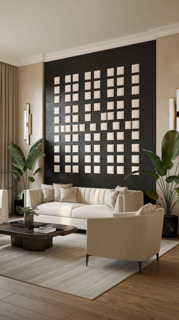 Living room with a matte black accent wall adorned with a grid-like installation of many small, square, light-toned modules. A long, light-colored channel-tufted sofa is centered beneath the installation.