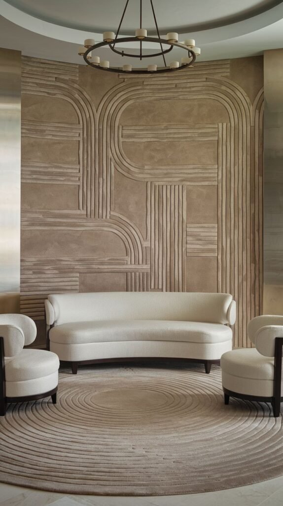 Monochromatic, curved accent wall featuring deeply sculpted 3D relief art in abstract arches and vertical grooves. The texture is tan/beige, complemented by a round, textured rug and curved seating.
