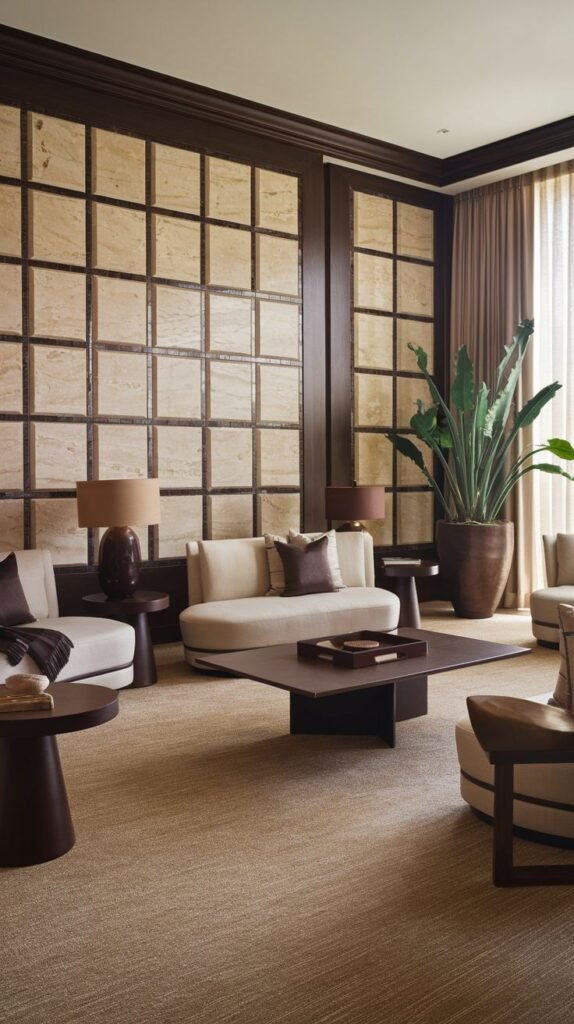 Formal living room with a large accent wall composed of square light natural stone or travertine panels set within a heavy, dark wood grid and molding system.