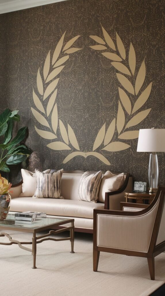 Accent wall with dark, textured wallpaper featuring a huge central graphic of a golden laurel wreath. A classic beige sofa is positioned beneath the motif.