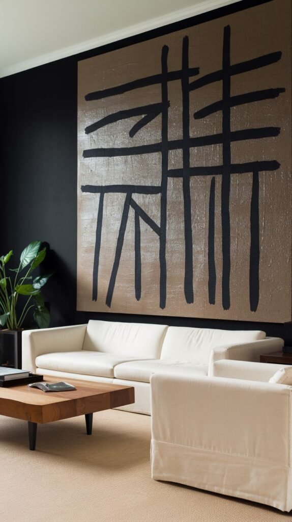 Large abstract painting featuring thick black vertical and horizontal strokes on a large brown canvas, mounted on a black accent wall above a white sofa.