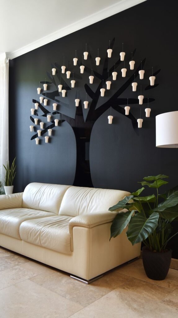 Black accent wall installation featuring a stylized black tree silhouette with numerous small white, cup-like ornaments suspended from the branches, above a cream leather sofa.