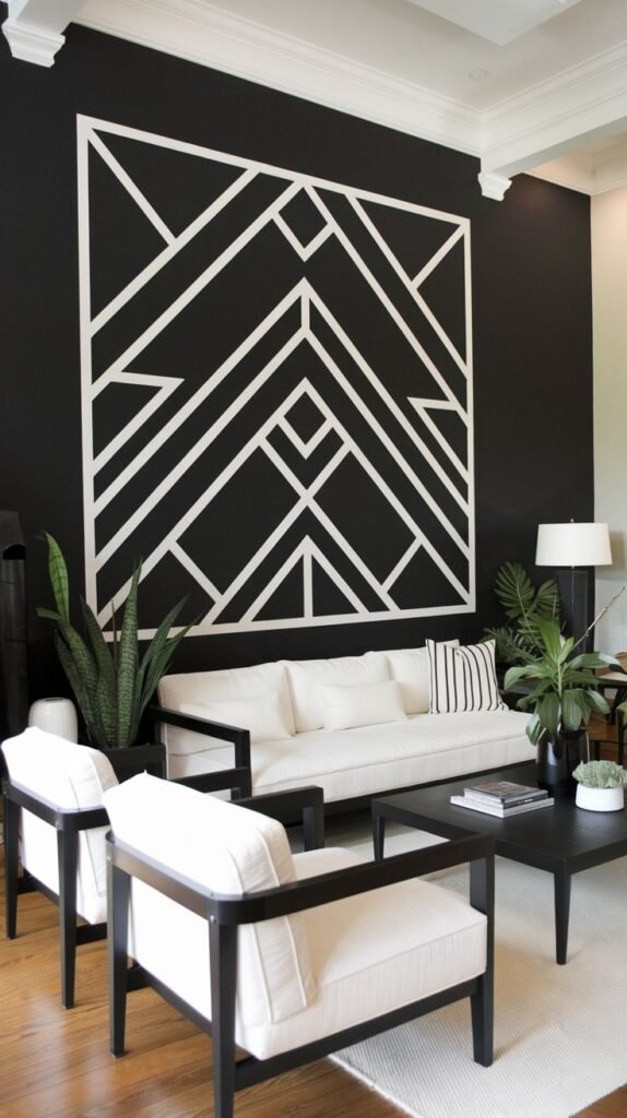 Black accent wall displaying a massive square geometric design composed of thick white intersecting straight lines and angular shapes, above a white sofa.