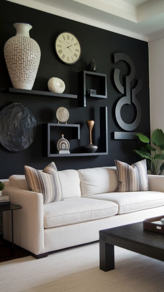 Black accent wall serving as a gallery wall with black floating shelves, a large white patterned vase, a clock, and various large black sculptural shapes integrated into the background.