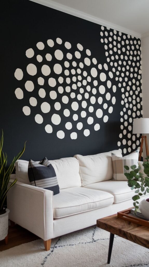 Black accent wall featuring an abstract hand-painted mural of scattered white dots, densely clustered to form large, organic cloud-like shapes.