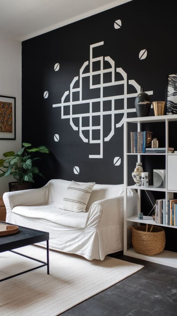Black accent wall centered around an intricate white geometric lattice or knotwork pattern, with small white oval shapes orbiting the main design.